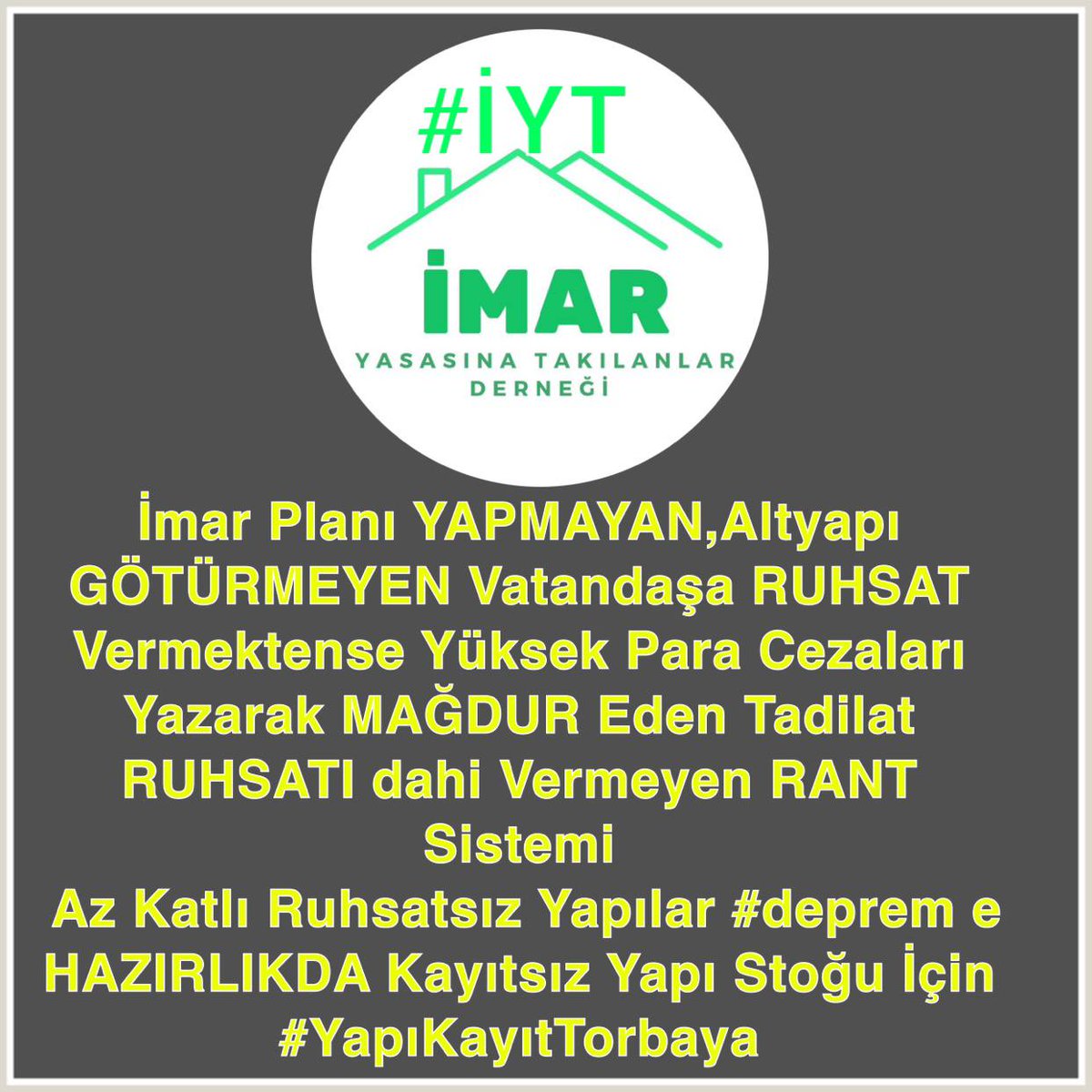 Turizm,İzin Belgesinde,#Girişimci
5216,Yasayla,#Köylü
Hobi Bahçesinde,#Emekli
Artan Nüfusa Karşı 70Yıldır Aynı Planla,#İmarzede

Yapı Denetimine Tabiyse,KONTROLLÜ
Değilse,BEYANLA
<a href="/csbgovtr/">T.C. Çevre, Şehircilik ve İklim Dğş. Bakanlığı</a> <a href="/murat_kurum/">Murat KURUM</a>
<a href="/Akparti/">AK Parti</a> <a href="/RTErdogan/">Recep Tayyip Erdoğan</a> 
<a href="/HMBakanligi/">T.C. Hazine ve Maliye Bakanlığı</a> <a href="/memetsimsek/">Mehmet Simsek</a> 

#YapıKayıtTorbaya / İklim /