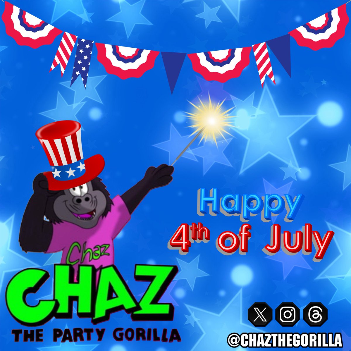 Happy 4th Of July. 

#4thofJuly #4thofjuly2025 #IndependenceDay #independenceday2025 #America #chazthegorilla #chazthepartygorilla #mascot #character #USA #USA2025 <a href="/supportmascots/">The Mascot Support Group</a> <a href="/MascotHall/">MASCOT HALL OF FAME</a>