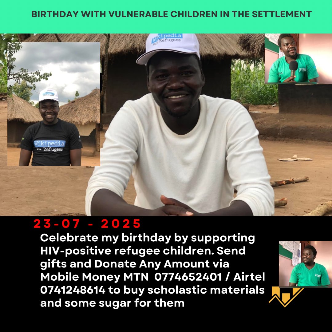 I’m turning 33 this 23rd July 🎉
Celebrate with me by supporting HIV+ refugee children in the settlement.
Let’s buy them books and a little sugar 🍵📚

Donate via Mobile Money:
MTN 0774652401 / Airtel 0741248614
#IsaacTurns33 #SupportRefugeeChildren #BirthdayWithPurpose
