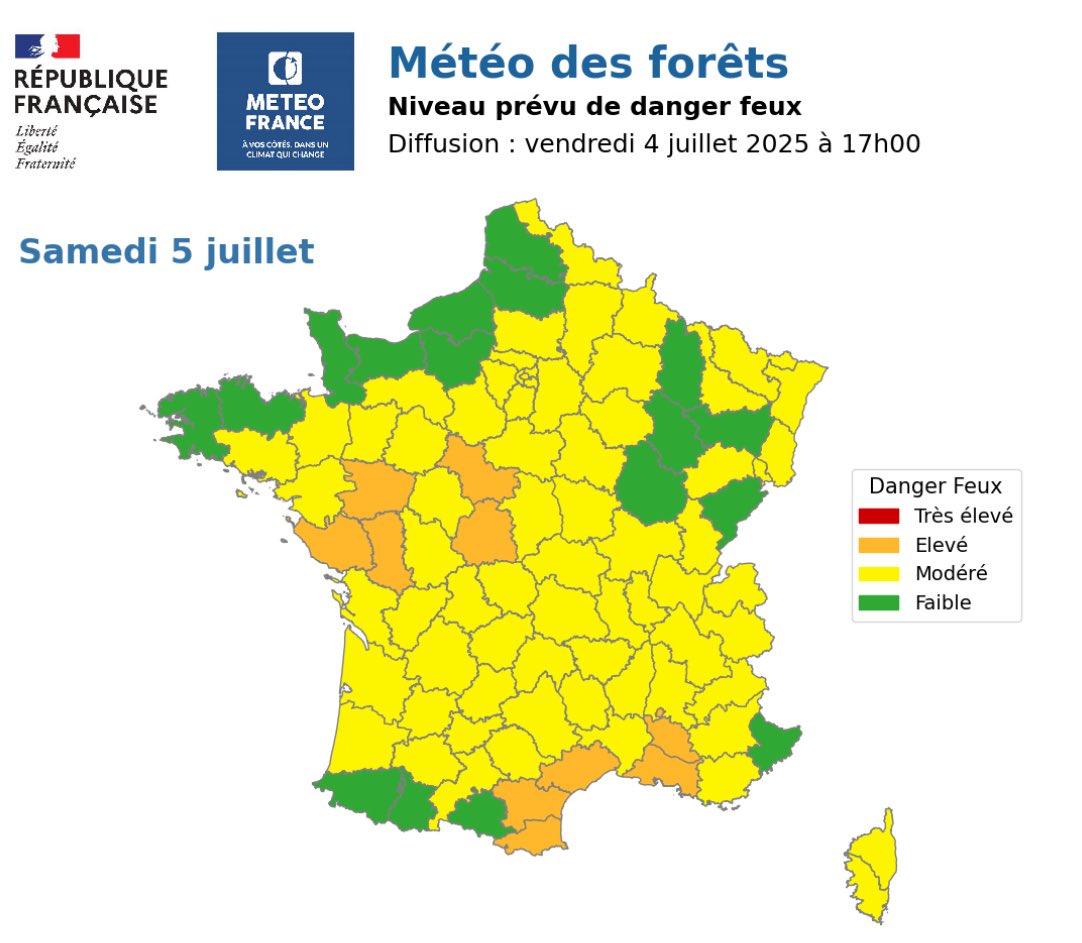 🔥⚠️Le risque #FeuDeForet est élevé ce samedi en #vendee comme indique Météo France dans sa météo des forêts. 

Les conditions sont réunies pour que le risque soit important :
▪️une végétation sèche
🌡️des températures > 30°C
💨 un vent de 30/40 km/h
💧une humidité de l’air < 30%