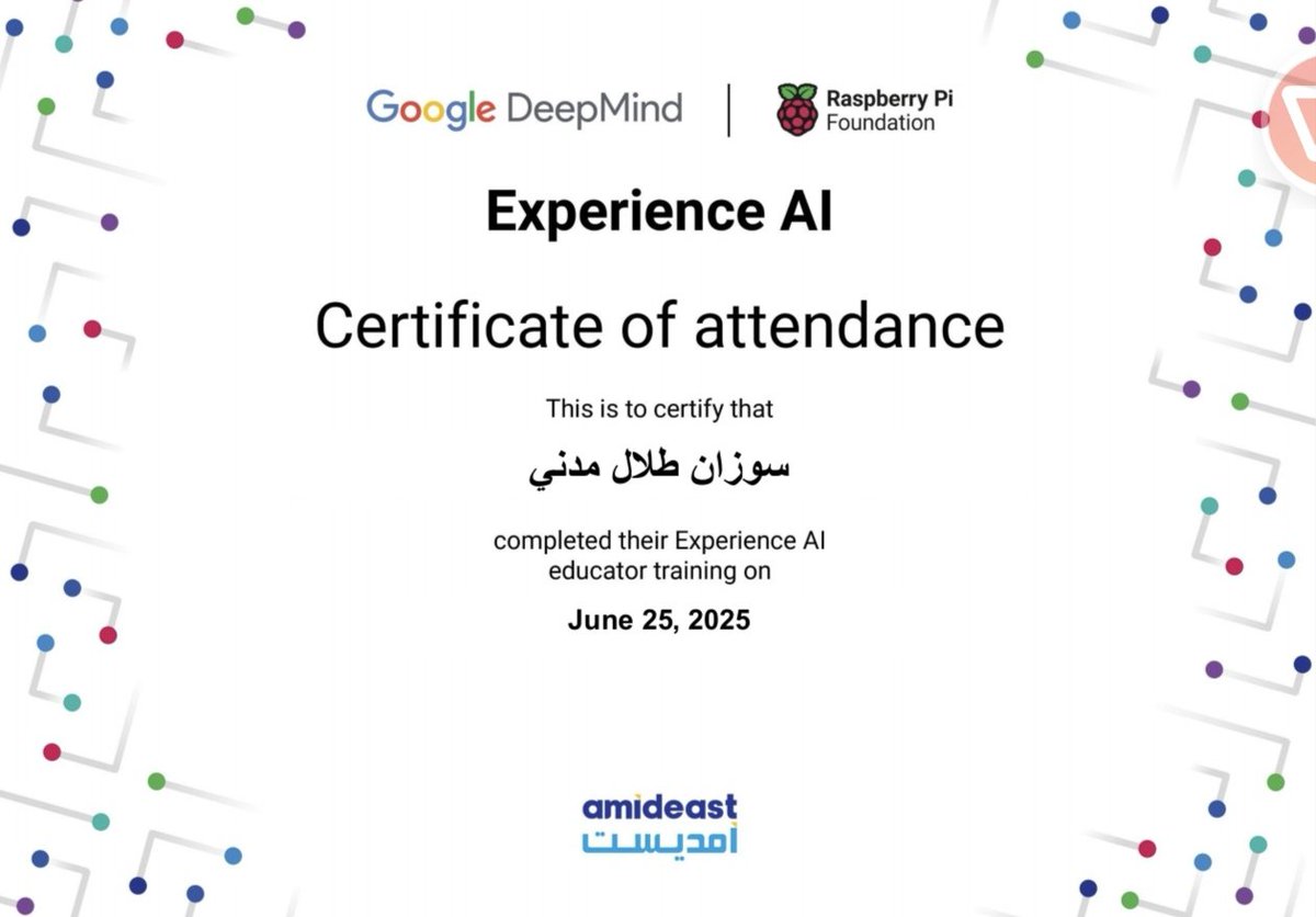 تشرفت بحصولي على شهادة البرنامج التدريبي #تجربة_الذكاء_الاصطناعي للمعلمين والمعلمات من #أمديست_السعودية. أشكر فريق البرنامج على جهودهم المتميزة، وخاصة الأستاذة زينب على تفانيها وتوجيهها الرائع. #شكرًا على هذه التجربة التعليمية المثمرة
  #تعليم #ذكاء_اصطناعي
#دورات
<a href="/AMIDEASTSaudi/">Amideast/Saudi Arabia</a>