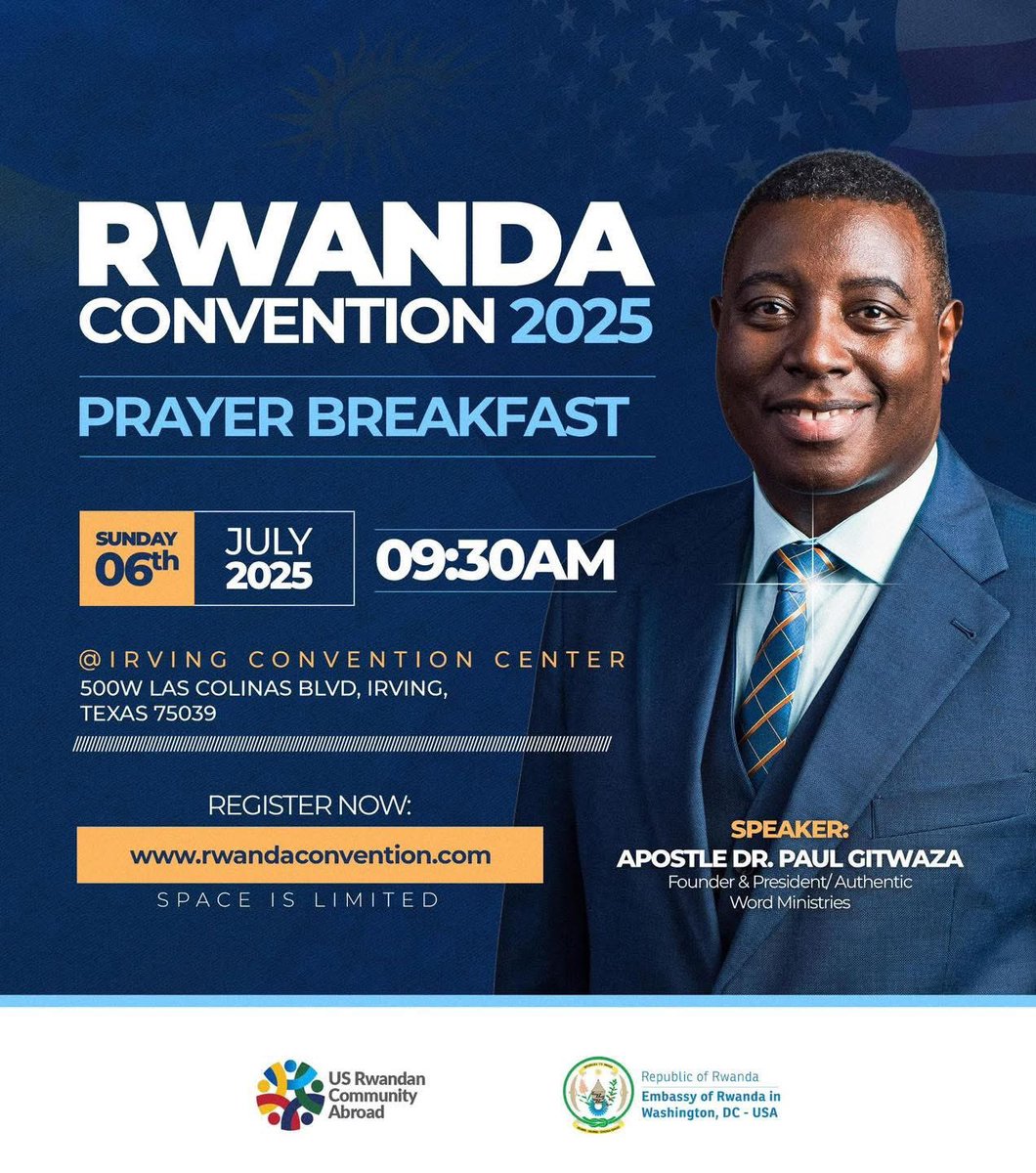 Shalom!

I invite everyone to join us in Dallas, Texas for the Rwanda Convention: Prayer and Breakfast on July 6, 2025. 
Come worship and thank God for all He is doing for us!

Bring your friends, family, and loved ones.