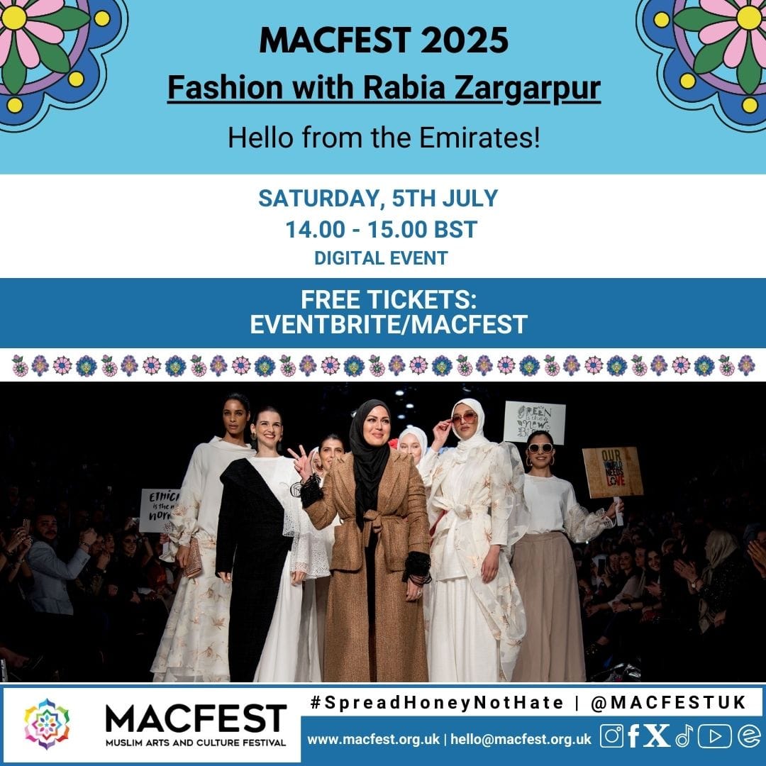 Don't forget today at 2 PM #Fashion with <a href="/RabiaZargarpur/">I AM RABIA Z.</a> #Emirates - she is well known as the First Lady of #ModestFashion #SustainableStyle
#WomenInBusiness #EthicalFashion  <a href="/QaisraShahraz/">Qaisra Shahraz MBE JP</a> <a href="/MACFESTUK/">Muslim Arts & Culture Festival</a>
Book here: share.google/tEZMKfXjnnwrlD… 
 <a href="/womeninfashionw/">Women-in Fashion World</a> <a href="/EmiratefashionW/">EmiratesFashionWeek</a>
