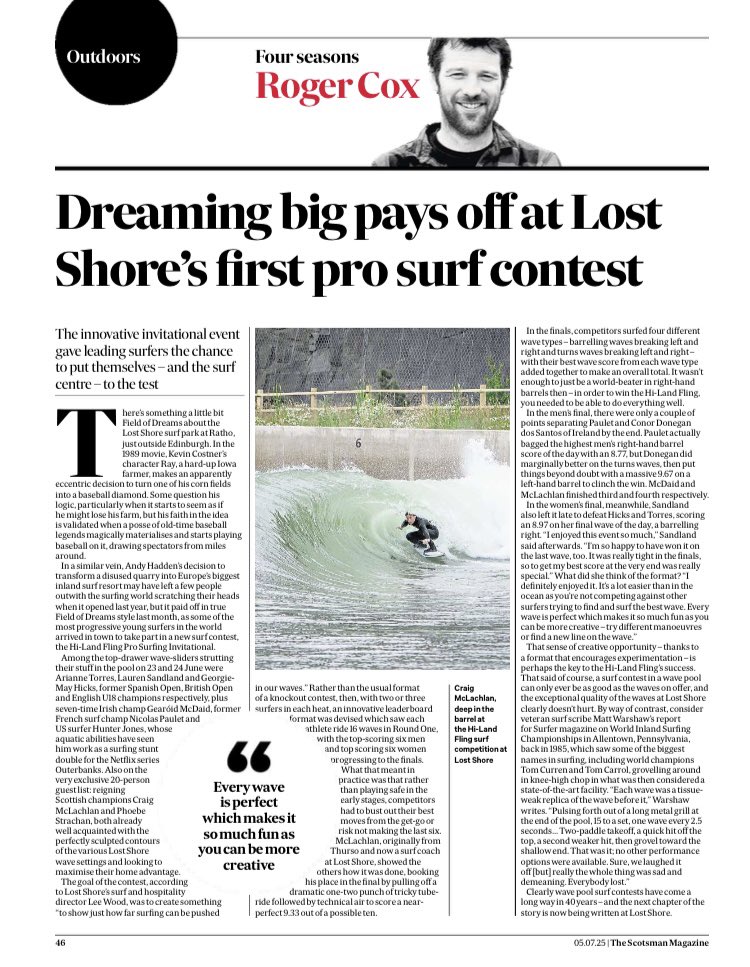 In today’s Scotsman: Dreaming big pays off at Lost Shore’s first pro surf contest 

scotsman.com/lifestyle/ou... #surfing #scotland #lostshore #wavepool