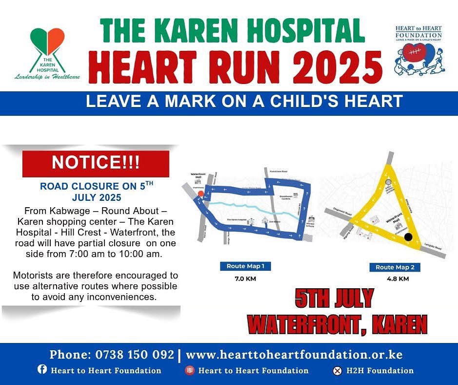 Radio47_Kenya's tweet image. Traffic interruption Alert! Please note that some roads might be closed from 7am to 10:00am, in order to facilitate the Karen Hospital Heart Run. Leave a mark on a child’s heart today!
#KarenHeartRun #HeartRun2025 #runforpurpose #tv47 #radio47