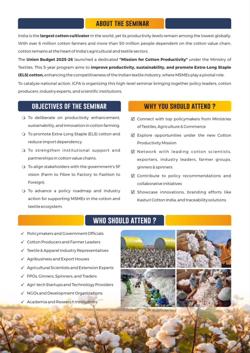 ICFAgri's tweet image. 🇮🇳 National Seminar on Cotton Productivity &amp;amp; Value Chain Transformation
📅 July 22, 2025 | 📍New Delhi
🌾 From Farm ➡️ Fibre ➡️ Fashion ➡️ Foreign
🔹 ELS Cotton | Agri-Tech | MSMEs | Exports
🔗 icfa.org.in/nscp
#CottonIndia #5FVision #ICFA #Value #transformation