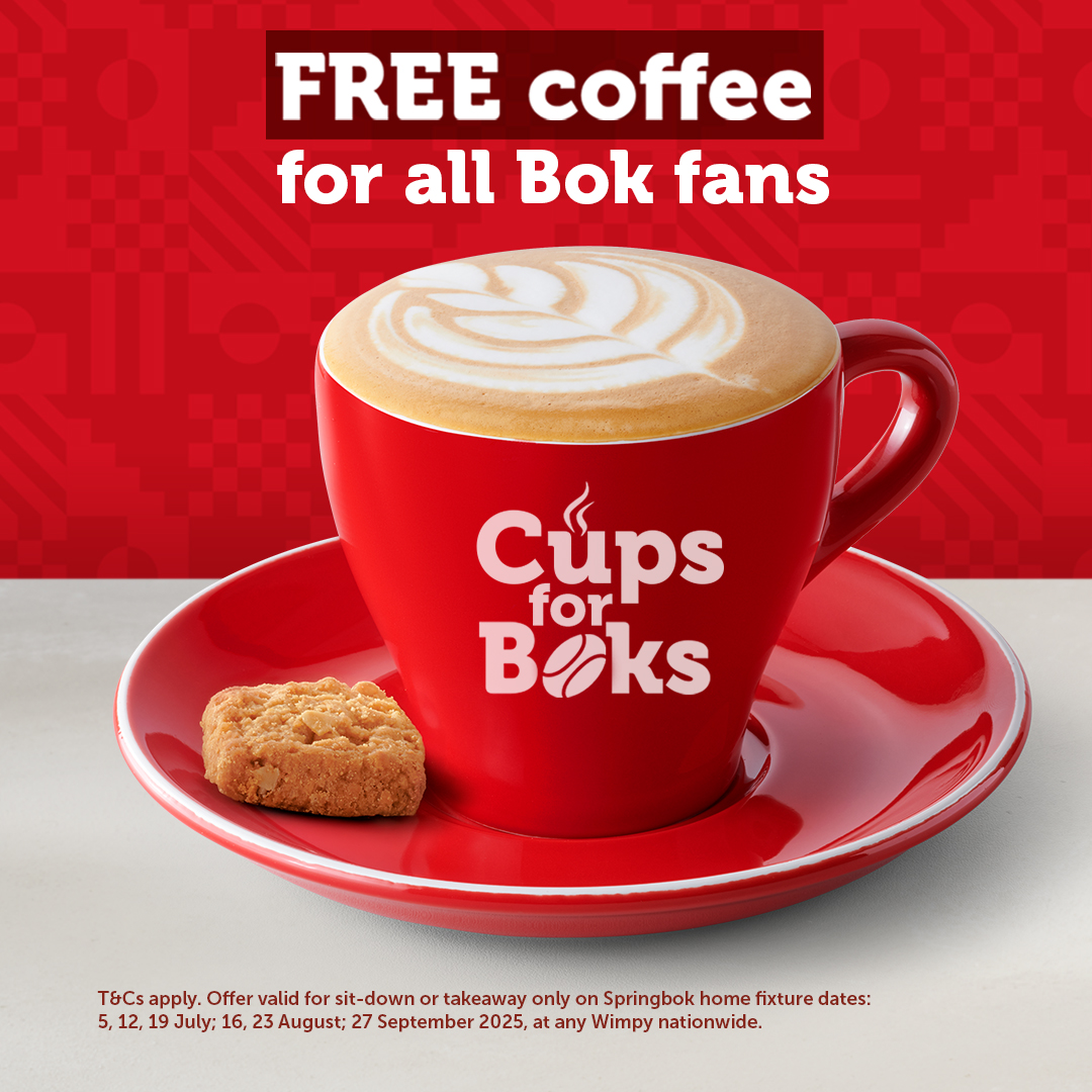 🏉☕ Whether you’re watching at the stadium or at home, you can still score a FREE coffee. Wear your Bok jersey to any Wimpy &amp; enjoy a FREE Short Cappuccino. Kiddies get a FREE Short Hot Chocolate. T&amp;Cs apply. #Wimpy #CupsForBoks