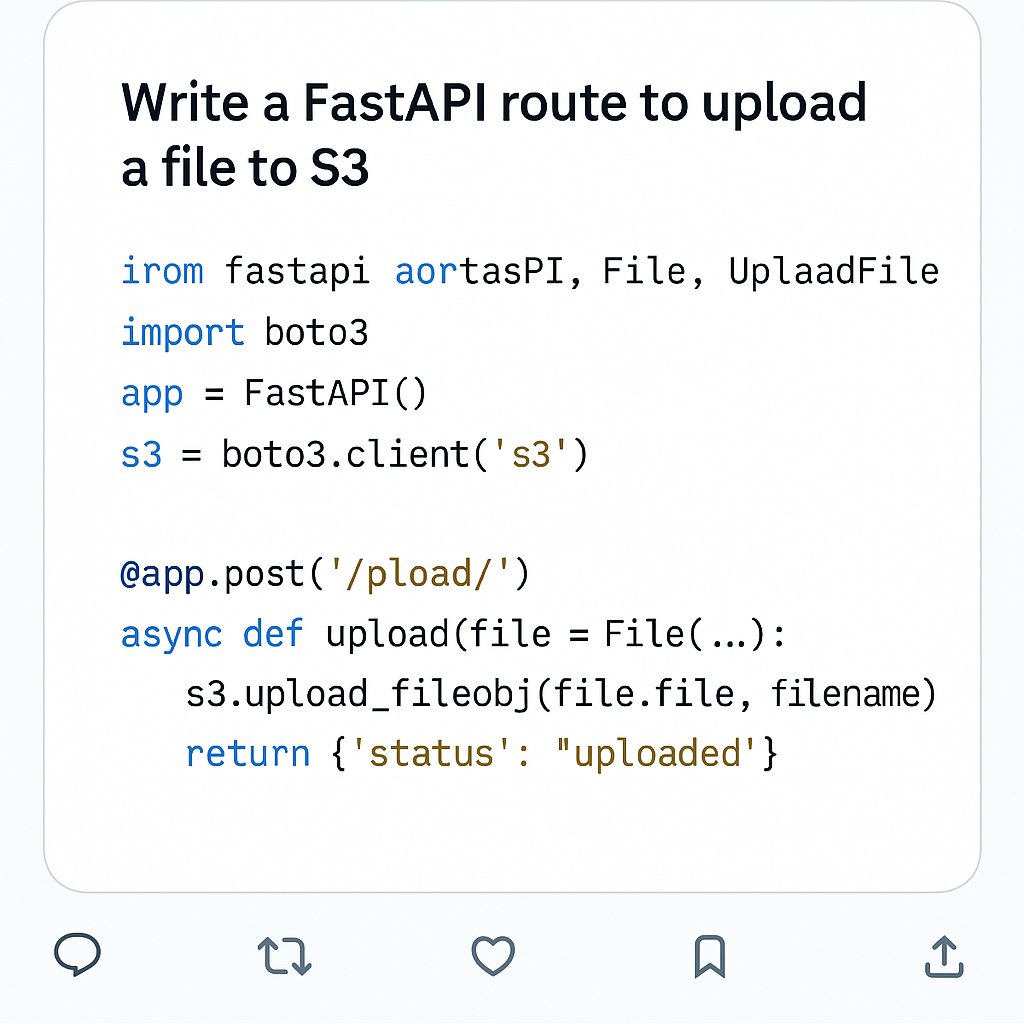 nrachabathuni's tweet image. 🚀 Exploring Google’s Gemini AI for Devs

Gemini can now generate, debug &amp;amp; explain code across languages.

🧠 Your AI coding assistant just got smarter.

#GeminiAI #GoogleAI #AIDevTools #Python #FastAPI #CloudDev #PromptEngineering #LLM #AIcoding