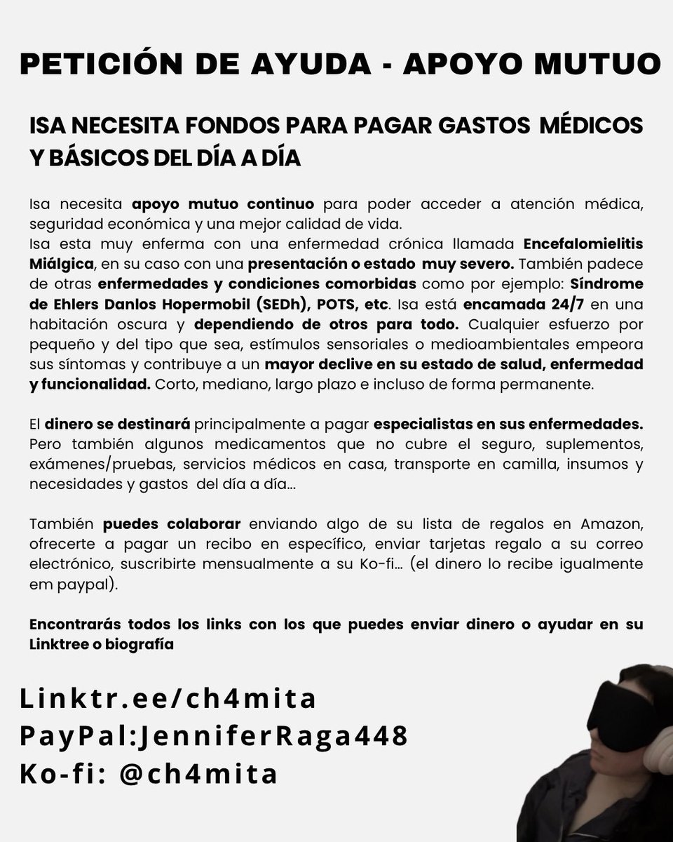 anardiska's tweet image. Estoy encamada y muy enferma con #EncefalomielitisMiálgica muy severa y otras comorbilidades, y necesito ayuda continua para cubrir gastos médicos y diarios (hasta nuevo aviso).
Si necesitas más contexto, mira mi post fijado 🧵
Todos mis enlaces 🔗: linktr.ee/ch4mita