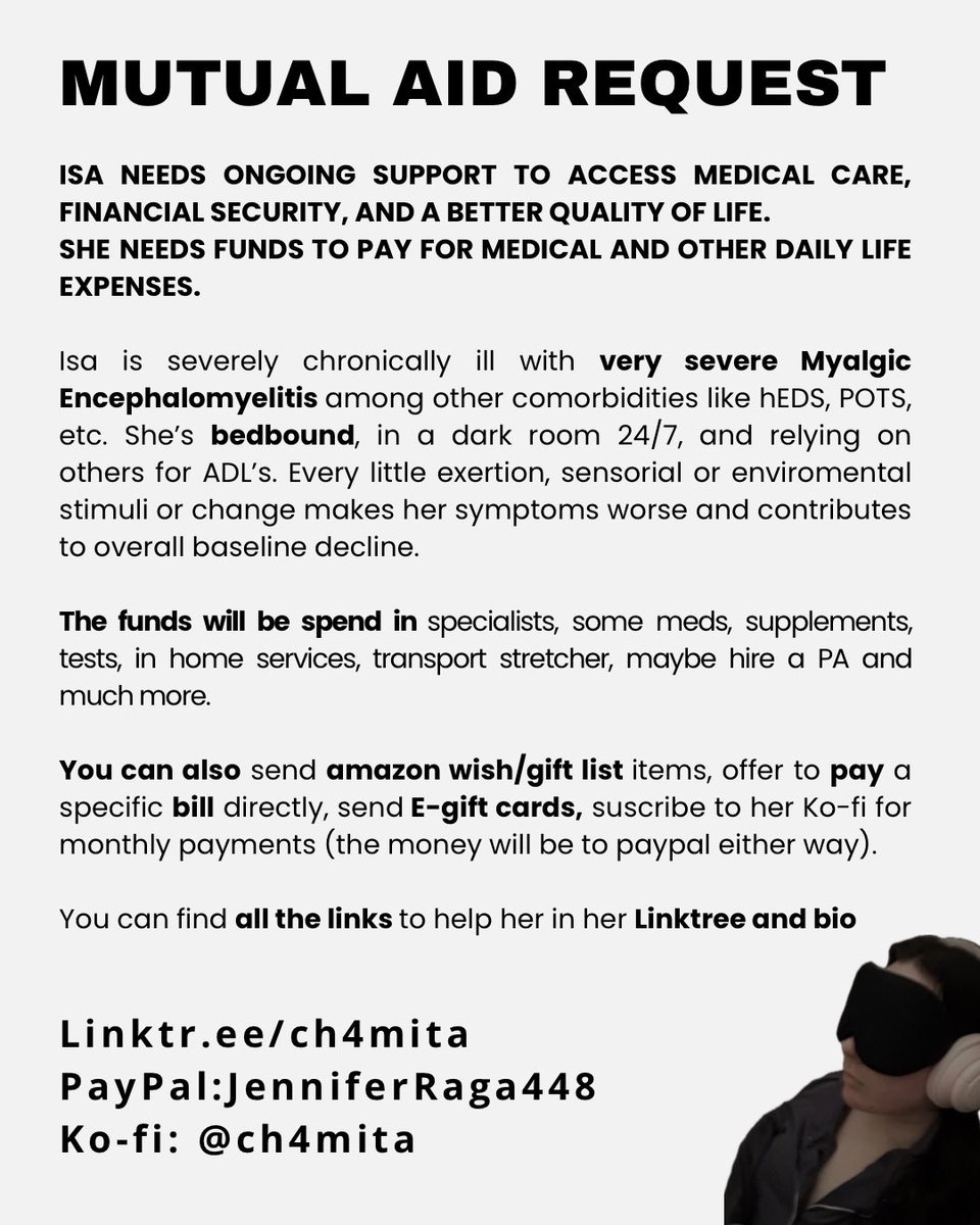 anardiska's tweet image. I’m bedbound and very sick with very severe #MyalgicEncephalomyelitis & comorbidities and I need ongoing help with my medical care and daily expenses (until further notice).
If you need more context check my pinned post 🧵
All my links 🔗: linktr.ee/ch4mita