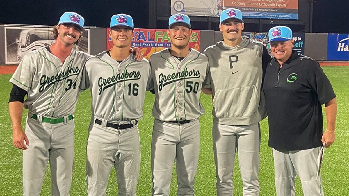 MiLB's tweet photo. We hadn't seen a 9-inning perfect game outside of the Complex Leagues since 2017!

To celebrate the Fourth of July, three Greensboro hurlers delivered their own fireworks on the mound: https://t.co/ie604dSsq7 https://t.co/1nMQULZ8l5