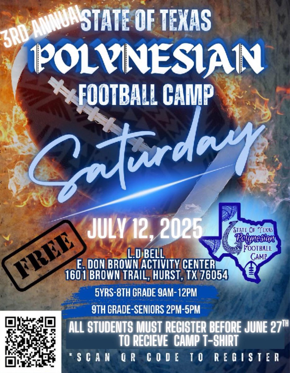 🏈 FREE FOOTBALL CAMP FOR THE KIDS 🏈

Calling all future athletes! Join us for an exciting, fun-filled day of football skills, teamwork, and leadership.

📅 Date: 7/12/2025
🕘 Time: 9AM - 12PM 🏈 2PM - 5PM 
🎯 Ages: 5YRS - 8TH GRADE 🏈 9TH GRADE - HIGH SCHOOL SENIORS