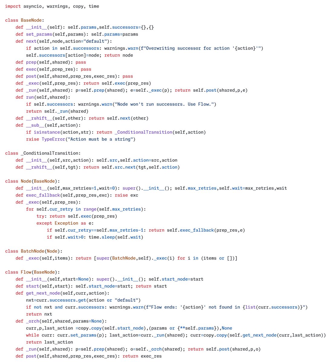 9hills's tweet image. 【项目推荐】Agent/Workflow 框架极简实现 Pocketflow（仅100行 Python代码）

如想了解目前Agent框架的原理，可以学习这100行的项目，包含了核心的Node、Flow的定义以及重载了减号和&amp;gt;&amp;gt;来实现工作流编排。

在cookbook上有很多flow例子，非常值得一看。