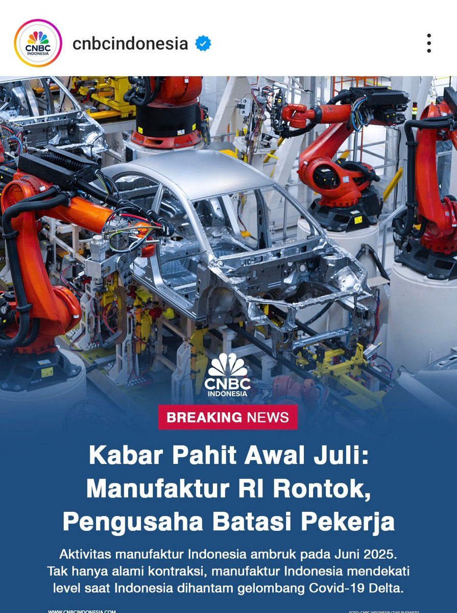 Strategi_Bisnis's tweet photo. Sektor manufaktur RI makin anjlok di bulan lalu. Ini indikator bahwa laju ekonomi RI makin memburuk. 

Dan ingat 9 Juli, tarif tinggi Amerika resmi berlaku. Trump gak mau nunda lagi. Dia gak mau nego, ribet katanya. 

Efeknya akan makin parah thd manufaktur x ekonomi RI 😭 https://t.co/FQ777n7bCL