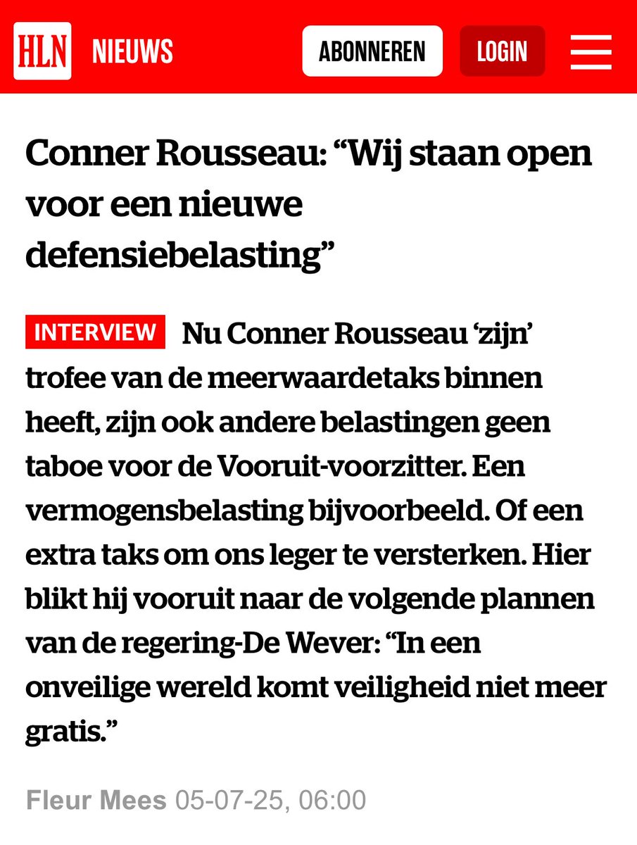 “Defensiebelasting”

Uiteraard… 🤦‍♂️ 
Laat de belastingen maar komen! Toch?

Na de enige belasting die België nog niet had (de meerwaardetaks), komt Conner De Wever nu met een nieuwe ‘uit de kast’: de defensiebelasting! 

Betaalden we al niet meer dan genoeg belastingen om ook een