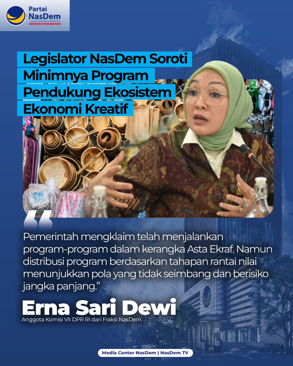 Anggota Komisi VII DPR RI dari Fraksi Partai NasDem, Erna Sari Dewi, menyoroti minimnya program-program Kementerian Ekonomi Kreatif/Badan Ekonomi Kreatif dalam kerangka Asta Ekraf untuk mendukung ekosistem ekonomi kreatif Tanah Air.

Erna menyoroti bahwa proporsi kegiatan