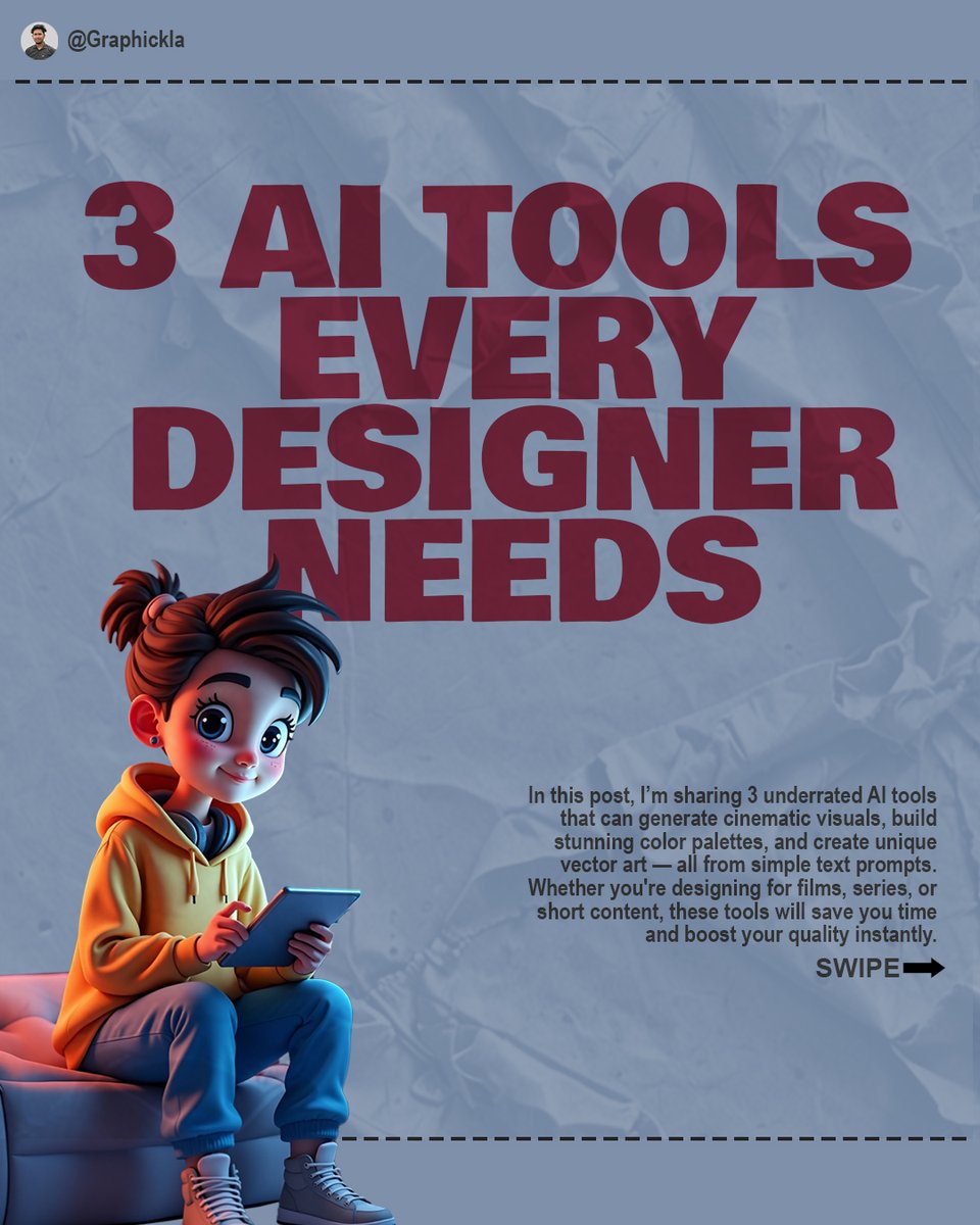 Graphickla's tweet photo. I design posters for films &amp; series. DM to collaborate!
3 AI tools every designer should use in 2025:
1️⃣ Illustroke – Text to vector art
2️⃣ Khroma – Smart color palettes
3️⃣ Patterned AI – Seamless textures
Boost your design speed &amp; quality!
#GraphicDesign #AITools #PosterDesign https://t.co/kVUODqCk5d