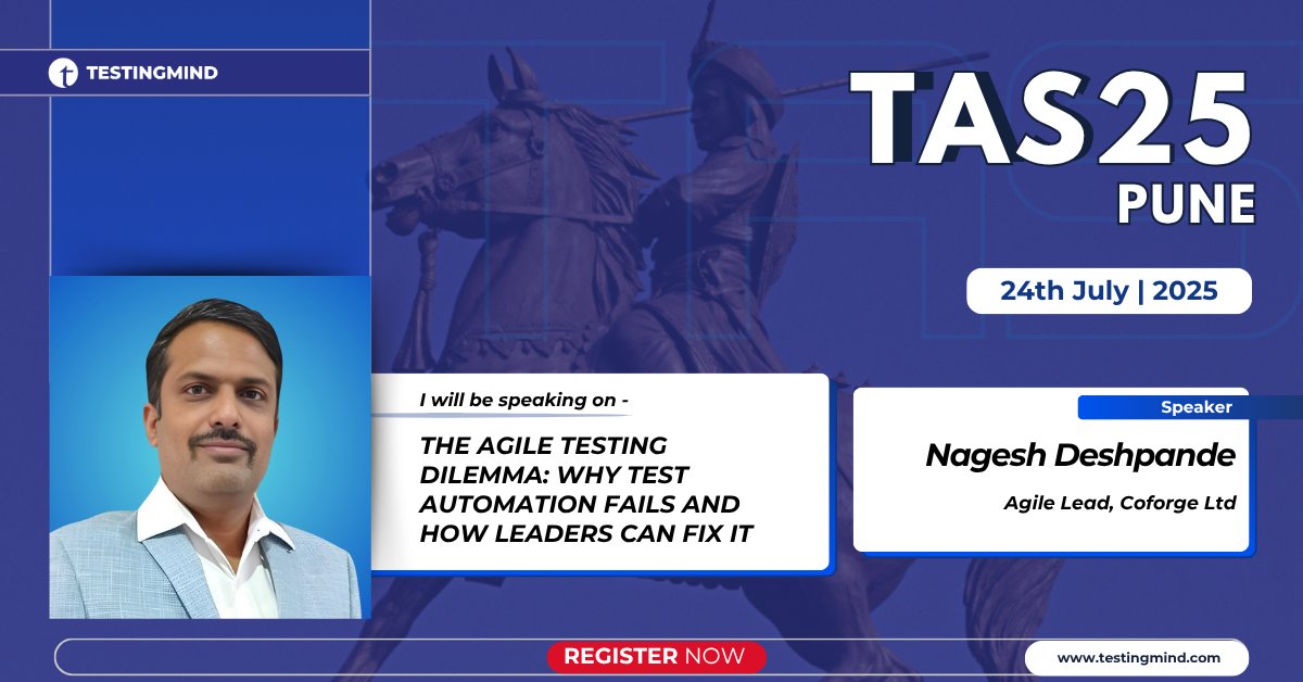 ⚡ Hear Nagesh Deshpande from Coforge Ltd at #TestAutomationSummit Pune on July 24, 2025 🎤

Topic: The Agile Testing Dilemma: Why Test Automation Fails &amp; How Leaders Can Fix It

🎟️ Register: testingmind.com/event/test-aut…

#Testingmind #QA #Agile #Automation #PuneTech