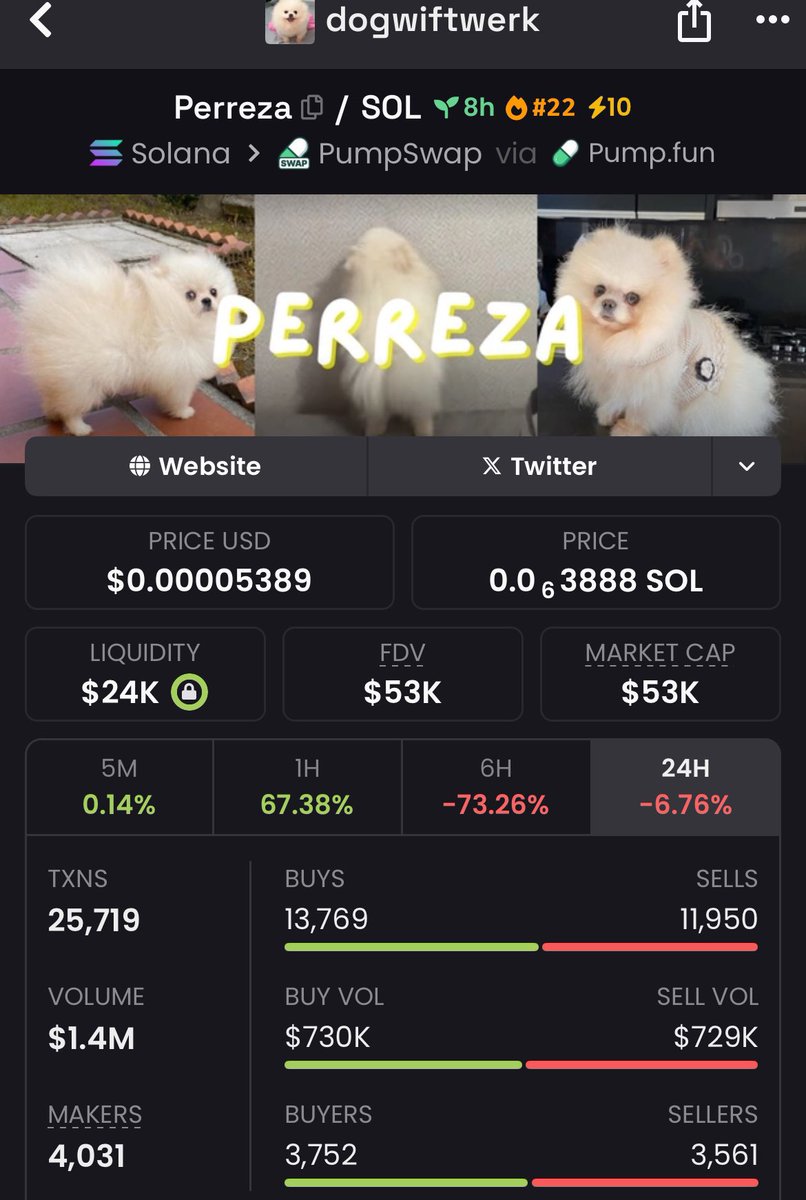 degen_matt_'s tweet photo. Caught #Perreza early at just $53K MCAP in my private TG 👀
⛓️ Built on #Solana — and it didn’t wait to move.
Perfect timing. Huge results. Clean execution.

Want early access to plays like this? DM to get in. 🚀 https://t.co/8wOhwG6kLX