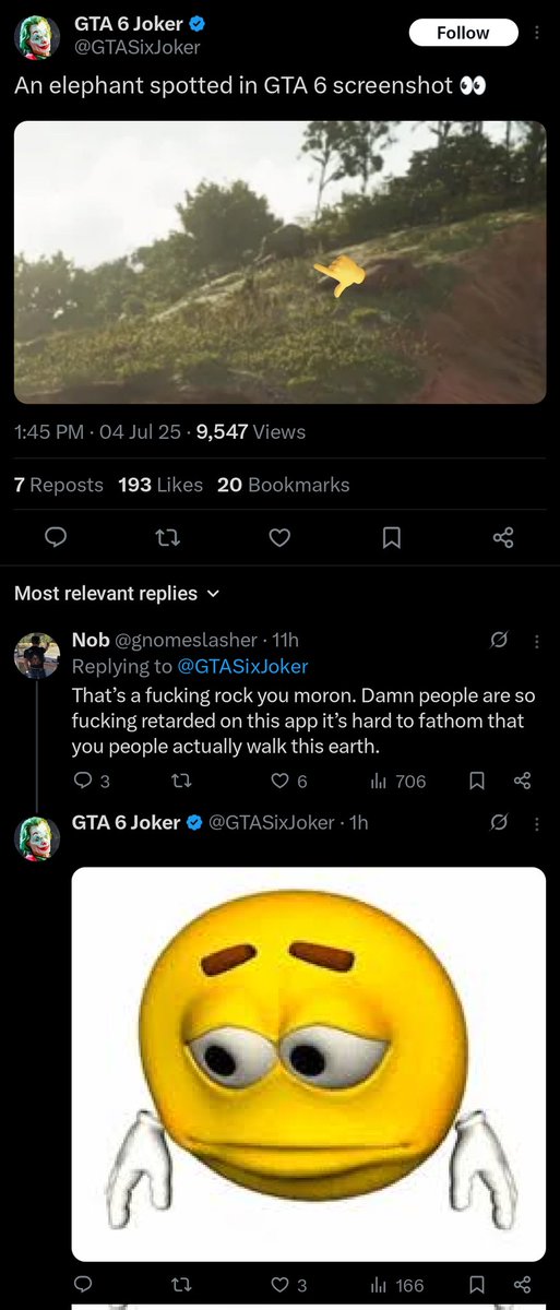 I know <a href="/GTASixJoker/">GTA 6 Joker</a> has a lot of ideas and fun post but you didn't need to roast the guy that bad but when <a href="/gnomeslasher/">Nob</a> said that's a fucking rock you moron made me laugh so much 😂🗾🌊🌴🦩🌇🌃✈️🐎 #GTA #GTA6 #GTAVI #GTAV #GTARP #GTAOnline