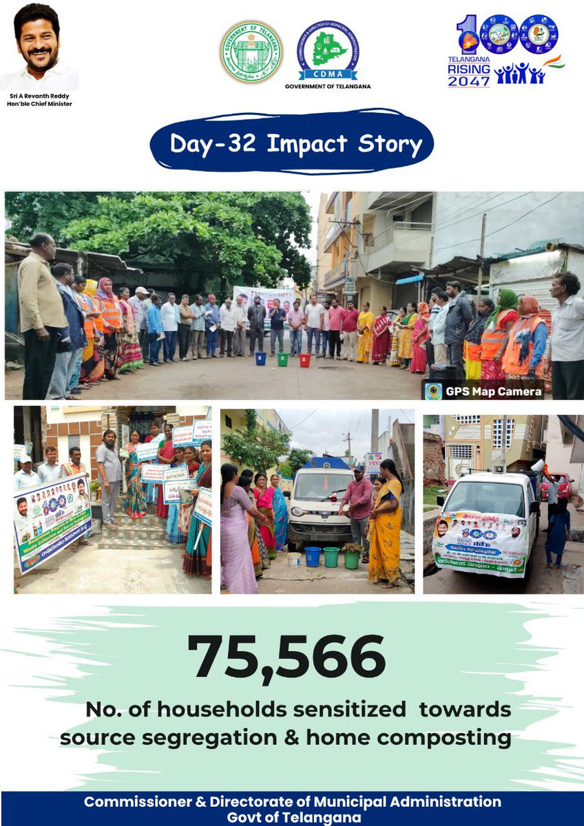 On Day32 of #100DaysActionPlan 75,566 houses across Telangana have adopted source segregation and composting practices.
A commendable milestone under the state’s sustainability action plan
#OkaMarpu_AbhivrudhikiMalupu #TelanganaRising2047