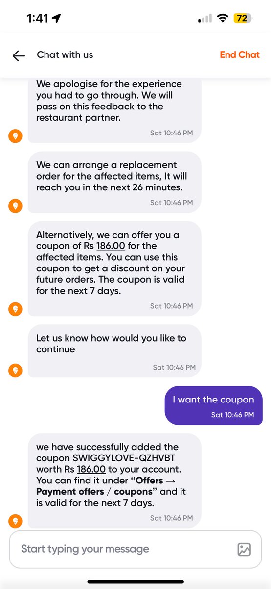 shivam_iimu19's tweet image. Coupon code mentioned below is supposed to be active till 5th July (today) but I am unable to apply this even on non discounted items. Chat support is not helping, not even trying to understand my issue.@Swiggy @SwiggyCares @jagograhakjago 
#swiggyscam #Swiggy #swiggychorhai