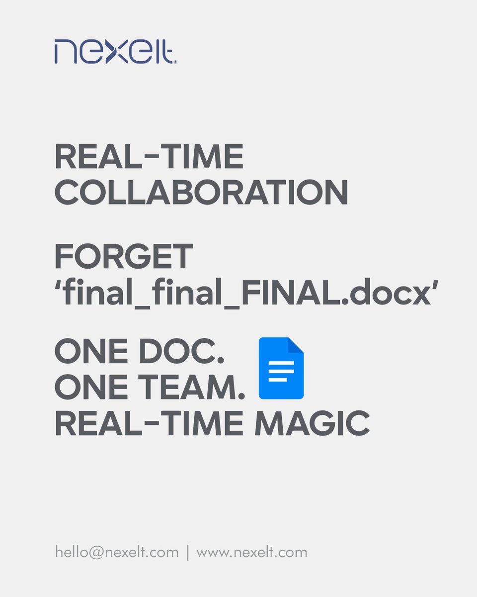 nexeltdigital's tweet photo. Still emailing files like final_final_REAL.docx? 😵‍💫
One doc. One team. Real-time edits. No mess. Just magic. ✨

Work smarter with Nexelt + Google Workspace.
📞 Call +91 79843 01095

#nexeltdigital #googledocs #teamworktools #worksmart https://t.co/cdGLtqFiUt