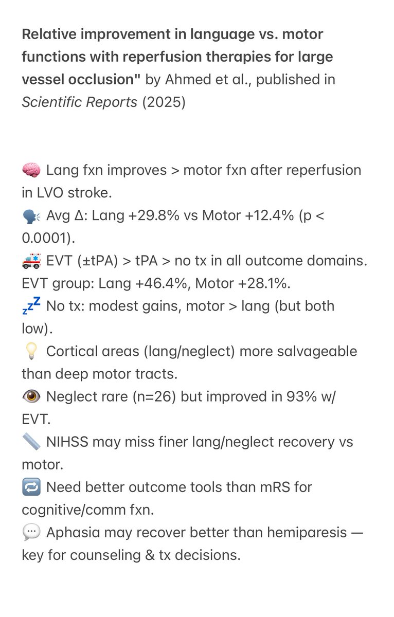 juneuromd's tweet image. New data in LVO #stroke: Language improves > motor fxn after EVT/tPA.
🧠 Lang Δ +29.8% vs 💪 +12.4%
EVT > tPA > no tx
Cortical fxns more salvageable
NIHSS may miss subtle lang gains
💬 Aphasia may recover more than paresis
nature.com/articles/s4159…