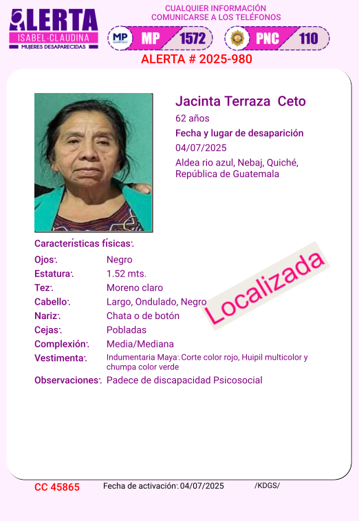 #AlertaIsabelClaudina
📣 Localizada❗
JACINTA TERRAZA CETO 
Ha sido localizada 📌
Agradecemos haber compartido la información 👌🏼