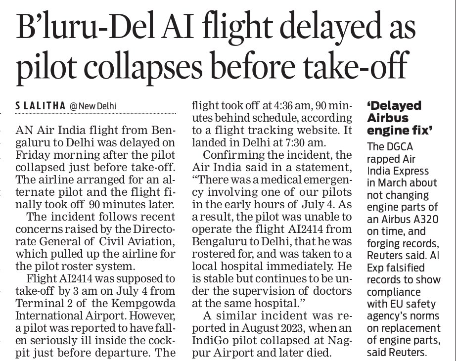 The pilot of a Delhi-bound <a href="/airindia/">Air India</a> flight collapsed inside the cockpit in Fri just b4 take-off . He was rushed to a hosp. An alternative pilot took ovr, trip delayed by 90+ min.  <a href="/DGCAIndia/">DGCA</a> had recently ordered Air India to transfer 3 sr staff for serious lapses in duty roster
