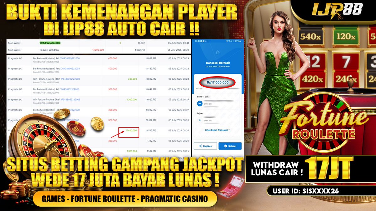 LinkIJP88ofc's tweet photo. 📌 Bukti Nyata Kemenangan Player di IJP88!
🎰 Game: Fortune Roulette – Pragmatic Casino
✅ Bet 360rb, Menang 17,4 JUTA!
💳 Withdraw langsung CAIR 17 JUTA, tanpa drama

🔎 Link Resmi :  https://t.co/41pqwiV8rJ
📲 Telegram : https://t.co/lSUvGqIxUC

#ijp88 #jplroulette https://t.co/Qi3fV0FpDH