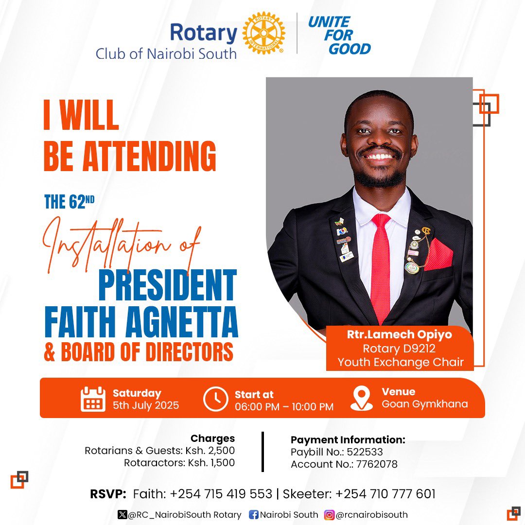 Lamech💫🇰🇪 (The Local Man) (@lamechlamarch25) on Twitter photo Glad to be attending the 62nd Installation ceremony of <a href="/RC_NairobiSouth/">RotaryNairobi South</a> a club whose legacy of service continues to transform lives & communities.
May this new leadership chapter be one of bold ideas, service & lasting impact.
#PeopleOfAction | #ServiceAboveSelf Glad to be attending the 62nd Installation ceremony of <a href="/RC_NairobiSouth/">RotaryNairobi South</a> a club whose legacy of service continues to transform lives & communities.
May this new leadership chapter be one of bold ideas, service & lasting impact.
#PeopleOfAction | #ServiceAboveSelf