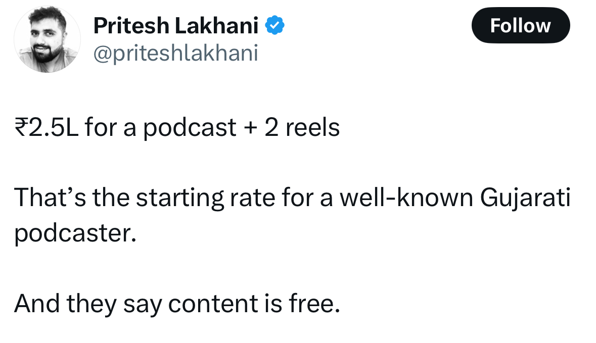 haryannvi's tweet image. From Presstitutes to Podstitues in one decade! Same disease, new platforms.
I was taken aback when I first got this highly unethical request asking my ‘commercials/rate for an episode’. Have lost count of such emails now.
What’s worse? Many top creators are making over a crore…