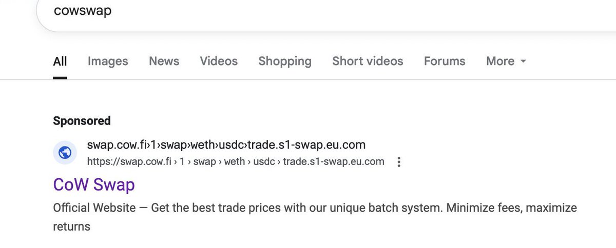 Call to action 🚨

One of our OGs in $WOLF clicked a “sponsored link” on Google

He was trying to connect to <a href="/CoWSwap/">CoW DAO</a> but ended up getting drained losing 2B <a href="/Wolf0x67/">Landwolf</a> 

If anyone feels inclined to help <a href="/ChippersonChip1/">Chipp</a> get back on his feet send to this fresh address