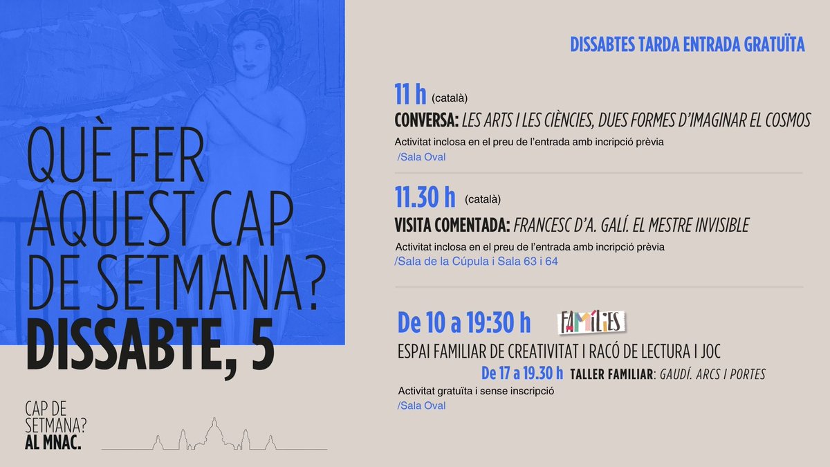 Avui descobreix #DesDelCentre d'#EugèniaBalcells i gaudeix d’una conversa entre art i ciència 🔭 i no et perdis una nova oportunitat de conèixer #Galí, el mestre de mestres.

👨‍👩‍👧‍👦 I #EnFamília seguiu les passes de #Gaudí per construir la vostra maqueta.

📲 capdesetmanamnac.cat