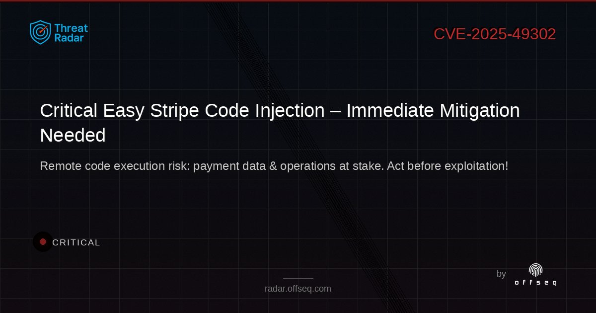 offseq's tweet image. 🚨 CRITICAL: Easy Stripe code injection flaw (CVSS 10) risks remote takeover! No patch yet—mitigate now. 🛡️ Details: radar.offseq.com/threat/cve-202… #OffSeq #CodeInjection #PaymentSecurity