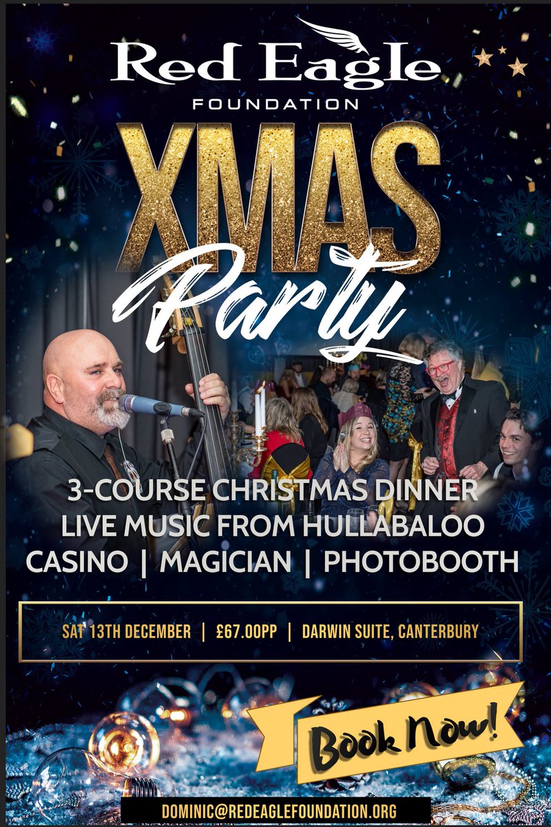 Canterbury Christmas Party? 
Sat 13th December.
 
Don't settle on a DJ &amp; Disco hotel package when you could be having all this fun....
 
* Kents Best Party Band - HULLABALOO
* Delicious 3-course Christmas meal
* Fun Casino
* Photobooth
* Magician
dominic@redeaglefoundation.org