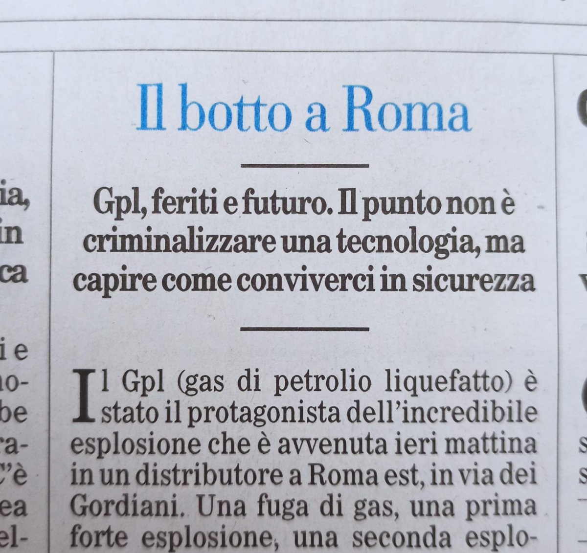 Da leggere <a href="/chiccotesta/">chicco testa</a> sull'esplosione di GPL nella stazione di servizio (Eni) ieri al Prenestino... ben venga revisione della localizzazione degli impianti  ma... "il rischio zero non esiste in nessun campo" e "analisi costi/benefici è l'unico modo razionale..."
su <a href="/ilfoglio_it/">Il Foglio</a>