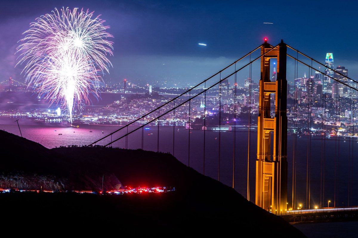 San Francisco's Fourth of July fireworks show is visible through the Golden Gate Bridge in Sausalito, Friday, July 4, 2025. (Photo by Ethan Swope/The San Francisco Chronicle)