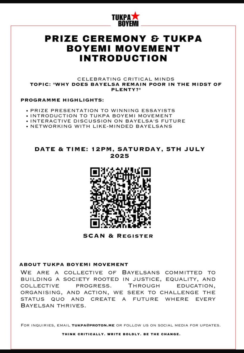 Today is the day! 🕊️✨
We gather not just to be introduced, but to be reminded of the duty we carry,to speak truth,serve with courage, and ignite hope.

The Tukpa Boyemi Award &amp; Introduction Ceremony holds today.A new chapter begins.

#TukpaBoyemi #BayelsaRising #VoiceOfThePeople