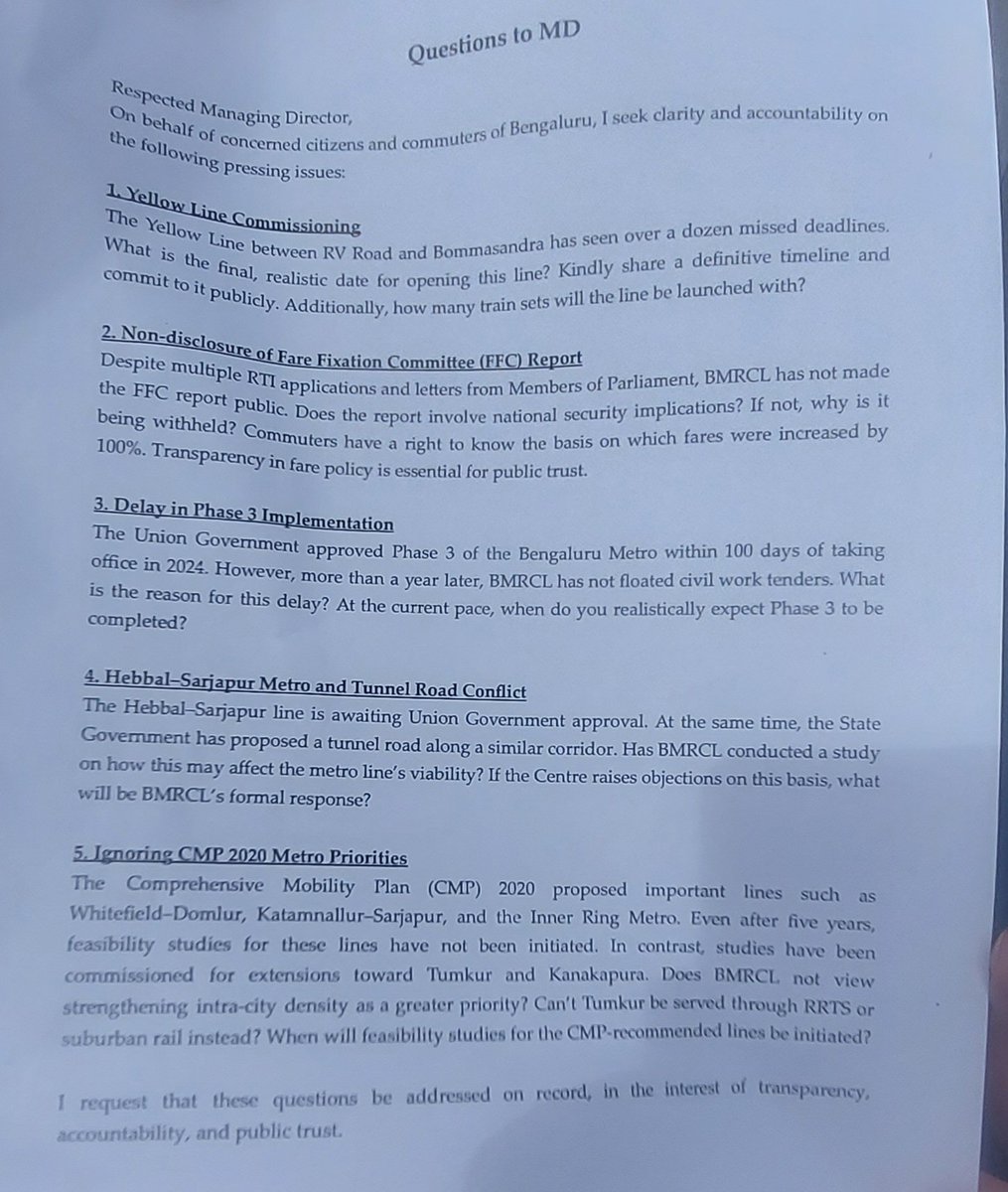 Big thanks <a href="/Tejasvi_Surya/">Tejasvi Surya</a> for bringing up Yellow line non-starter issues,Sarjapur Hebbal metro delays, Kattamanallur-Sarjapur Comprehensive mobility.This is what we need from our elected reps. Dont just blame ruling party but hit the road,expose &amp; make them answer.
#SarjapurRoad