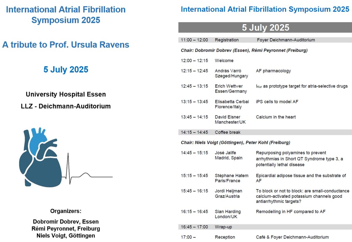 niels_voigt's tweet image. The International Atrial Fibrillation Symposium 2025 kicks off at noon in Essen — a tribute to Prof. Ursula Ravens.
It’s a special honour for me to co-organize this event. I began my scientific career in her institute back in 2003, and today we welcome world-class speakers,…