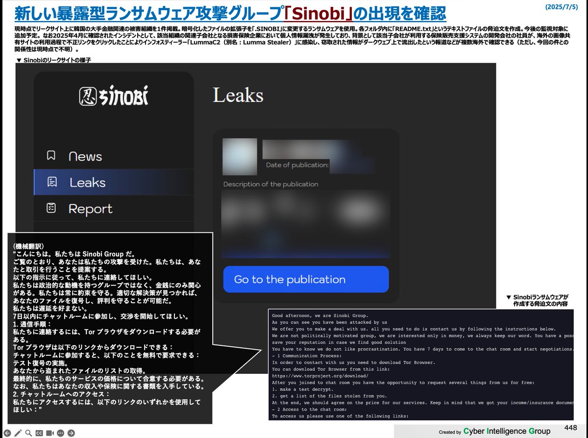 新しい暴露型ランサムウェア攻撃グループ「Sinobi」の出現を確認。

▼現時点でリークサイト上に韓国の大手金融関連組織を1件掲載。

▼暗号化したファイルの拡張子を「.SINOBI」に変更するランサムウェアを使用。各フォルダ内に「README.txt」というテキストファイルの脅迫文を作成。