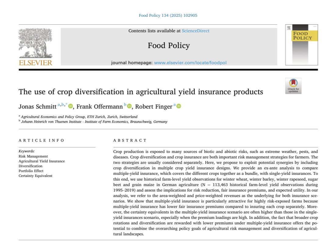 RobertFinger1's tweet image. ‚The use of crop diversification in agricultural yield insurance products‘

New paper in Food Policy, led by Jonas Schmitt and with Frank Offermann

Open Access sciencedirect.com/science/articl…