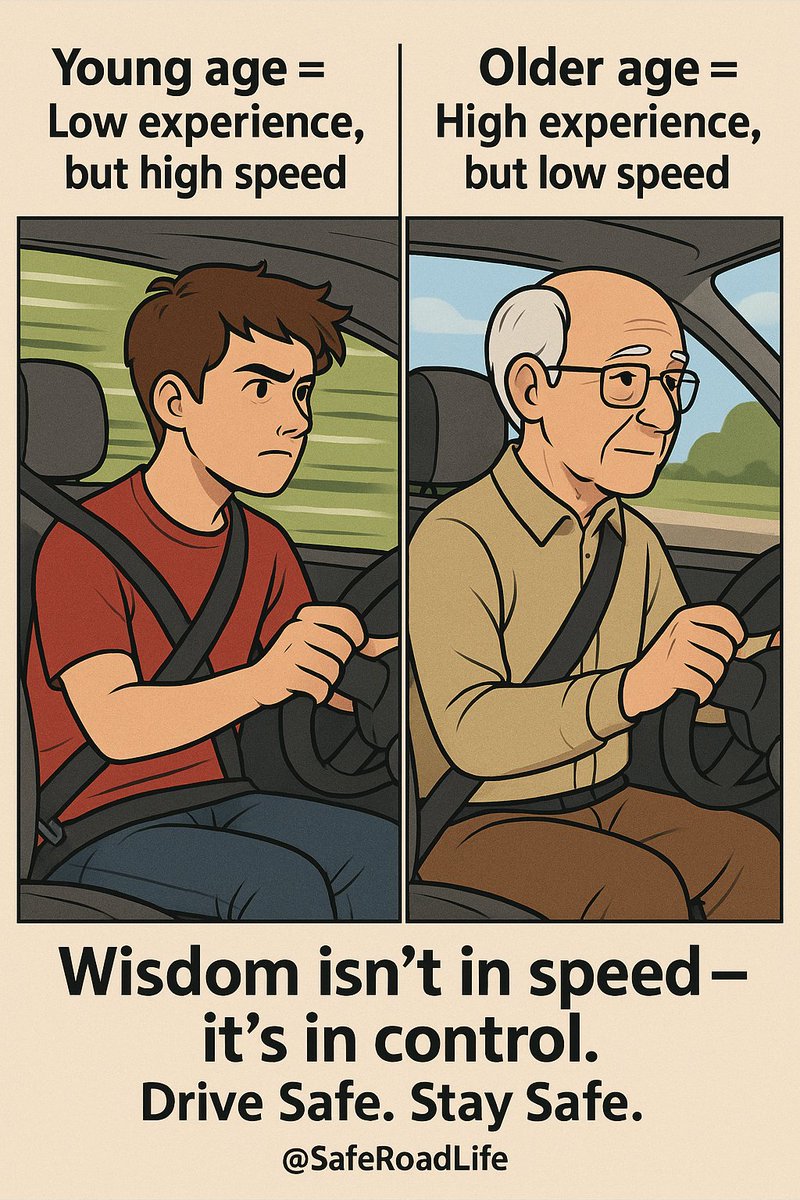SafeRoadlife's tweet photo. "Young age = Low experience, but high speed
Older age = High experience, but low speed "
Wisdom isn’t in speed — it's in control.
Drive Safe. Stay Safe.
@SafeRoadLife
#SafeRoadLife
#DriveSafe
#RoadSafety
#YouthAndSpeed
#ExperienceMatters
#DriveResponsibly
#StayAlert
#TrafficAwareness
@oloojl