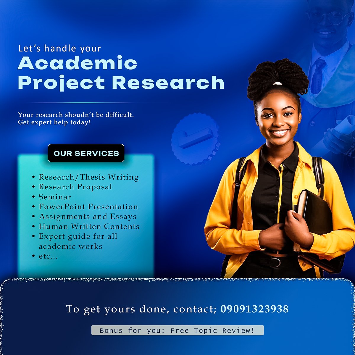 IconCreations12's tweet image. ...&quot;Ready to take your academic project to the next level?&quot;...

Here is a design I made for a brand that offers academic writing services.

Let’s work together—DM me for your next design gig!

#AcademicDesign #FreelanceDesigner #DesignTwitter #GraphicsForHire #ResearchSupport
