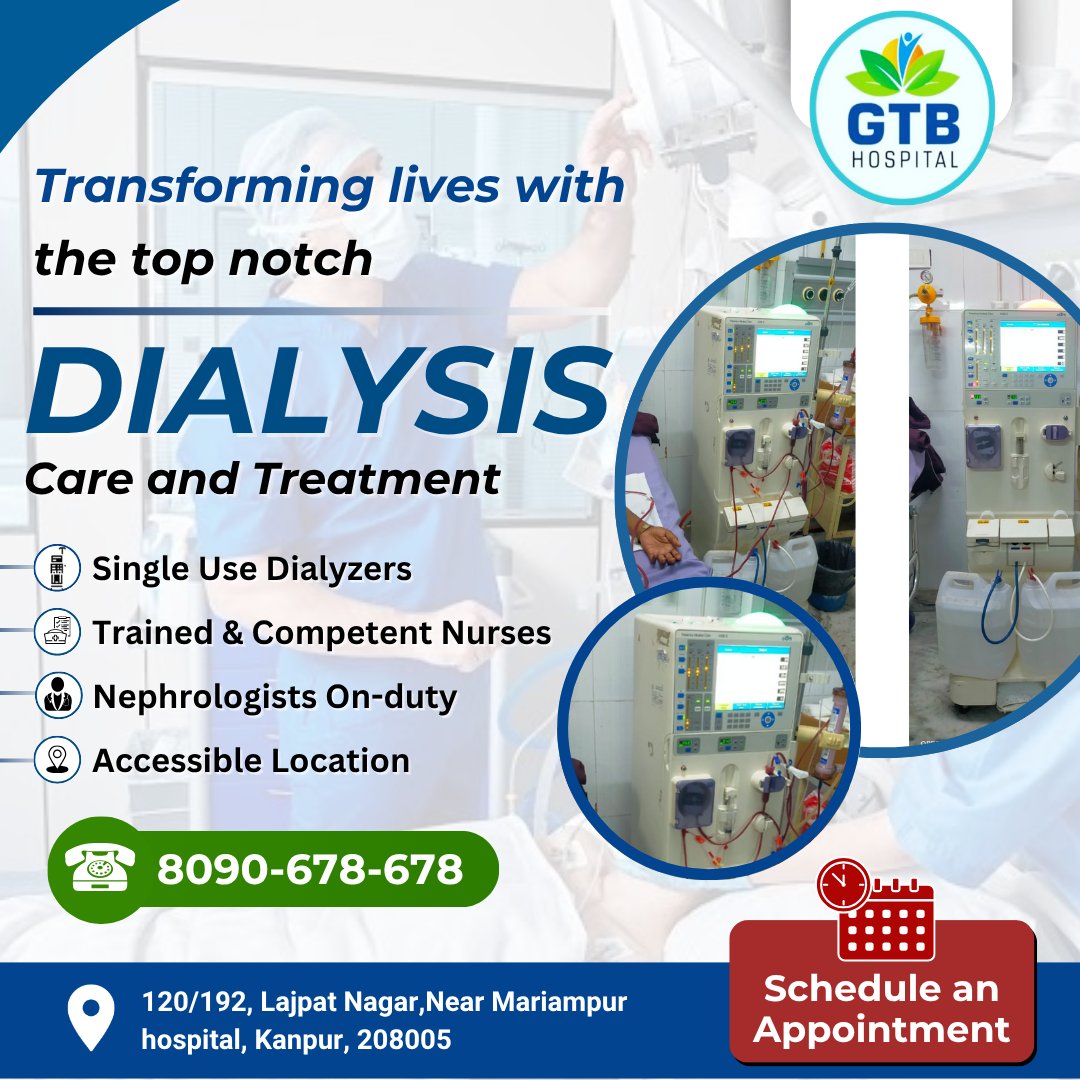 HospitalGtb's tweet image. World Class Dialysis Care &amp;amp; Treatment 🚑
.
.
Emergency Services 24/7 🕖
.
.
📞 Book an appointment now at 8090-678-678
.
.
📌 GTB HOSPITAL 
📞 8400098206, 8090678678
📍 120/192,Lajpat Nagar,Kanpur 

 #hospitalnearme #medicalcare #urgentcare #doctorsnearme #bestdoctorsinkanpur