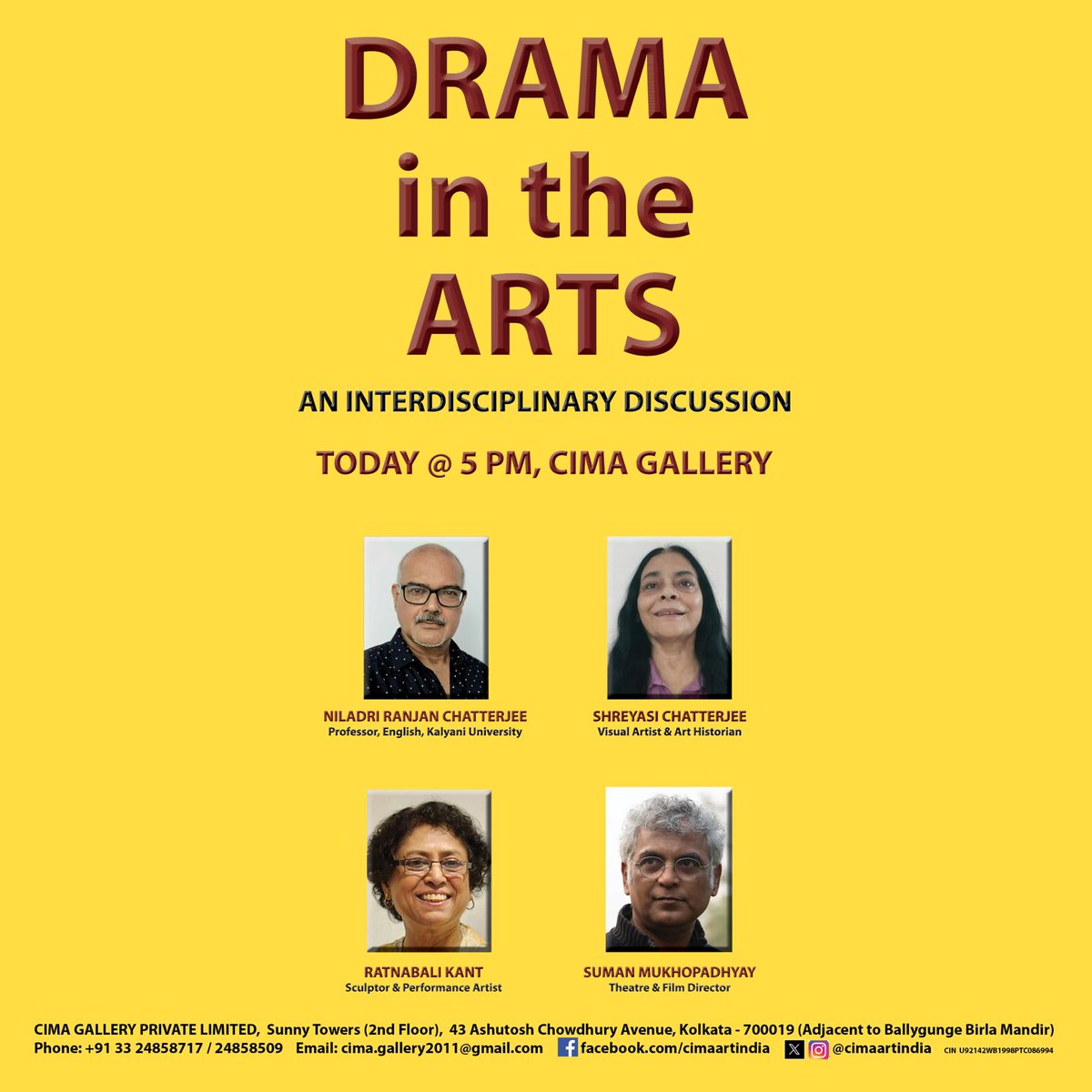 “Art, Performance, Ideas — The drama unfolds today! Join the conversation at 5 PM, CIMA Gallery.” Join us at 5pm on Facebook Live!
Join on Facebook for live coverage at 5pm :
facebook.com/cimaartindia