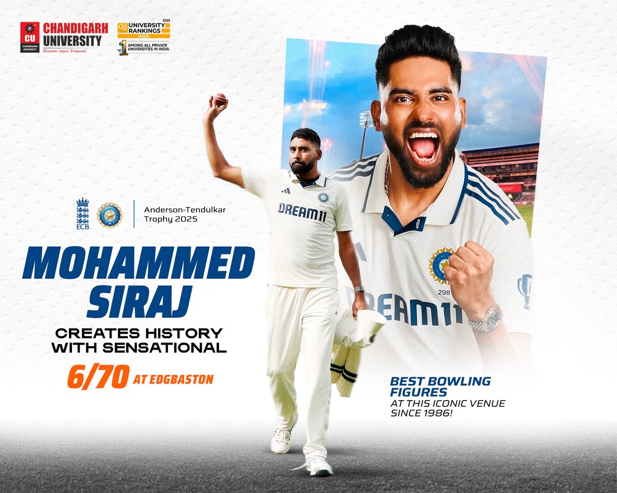 Chandigarh University (@chandigarh_uni) on Twitter photo Anderson-Tendulkar Trophy 2025:Â Mohammed Siraj Creates History with Record-Breaking 6/70 at Edgbaston â Best Indian Bowling Performance at the Venue Since 1986.
<a href="/mdsirajofficial/">Mohammed Siraj</a> has stormed into the record books with a sensational 6/70 against England at Edgbaston â becoming Anderson-Tendulkar Trophy 2025:Â Mohammed Siraj Creates History with Record-Breaking 6/70 at Edgbaston â Best Indian Bowling Performance at the Venue Since 1986.
<a href="/mdsirajofficial/">Mohammed Siraj</a> has stormed into the record books with a sensational 6/70 against England at Edgbaston â becoming