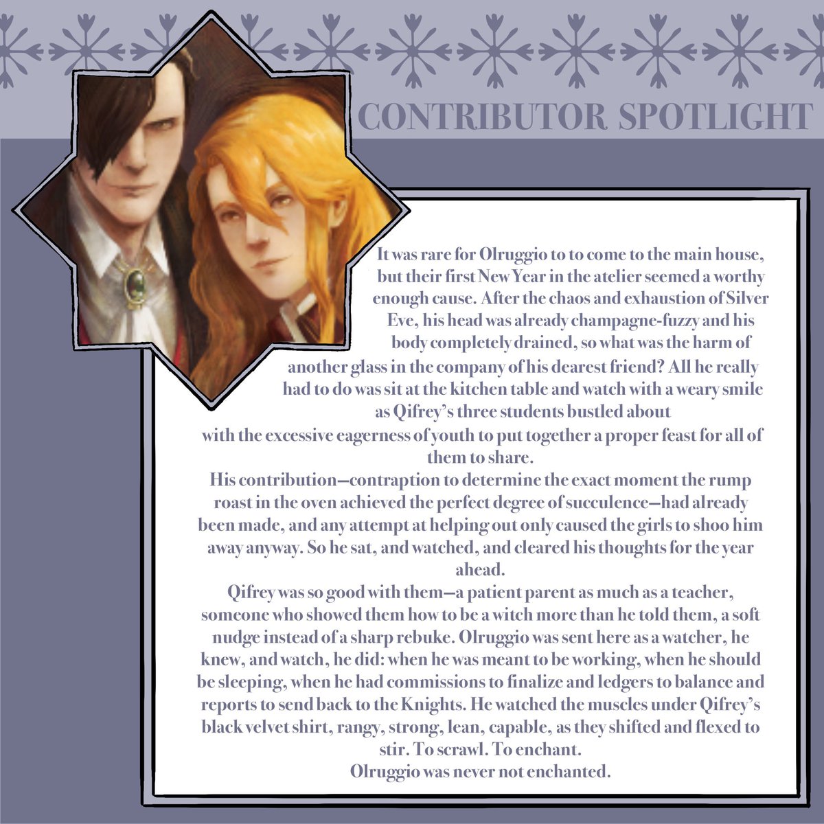 wha_winterzine's tweet image. ❄️CONTRIBUTOR SPOTLIGHT❄️
Meet Bohemienne, one of our writers!
“Longtime fandom word goblin. I adore WHA's thoughtful, powerful take on creativity and burnout and I'm so thrilled to see the fandom grow!”